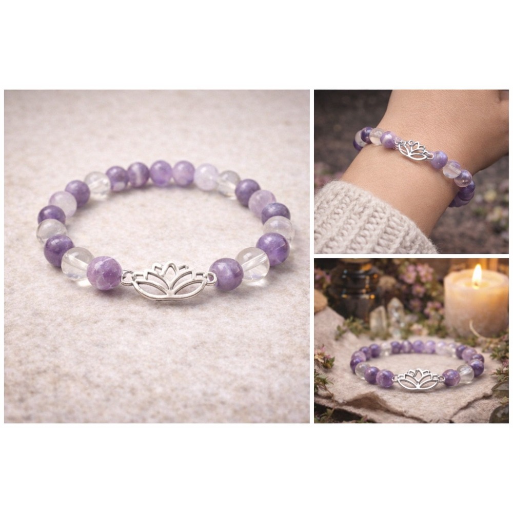 Chevron Amethyst‎ Quartz Bracelet Lotus Charm Boho Witchy Apothecary Crystal